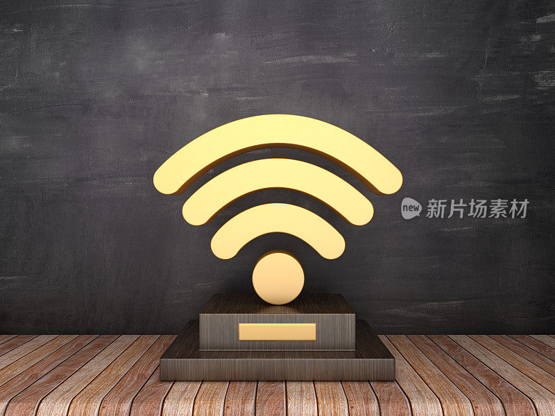 奖杯与WIFI符号在木地板-黑板背景- 3D渲染